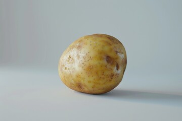 A single potato sits alone on a wooden table