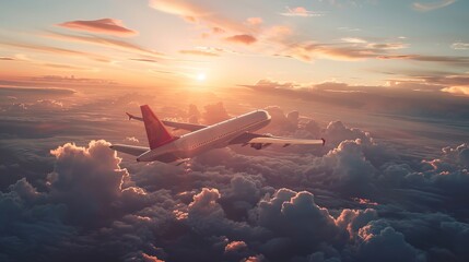 Passport against the background of an airplane flying in the sky. Air travel, tourism and travel concept
