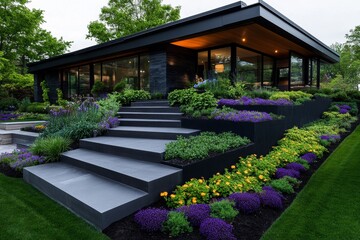 Fototapeta premium Beautiful Garden Terraces and Levels visualized in a modern infographic, showcasing how to use different elevations and terraces to add depth to your garden