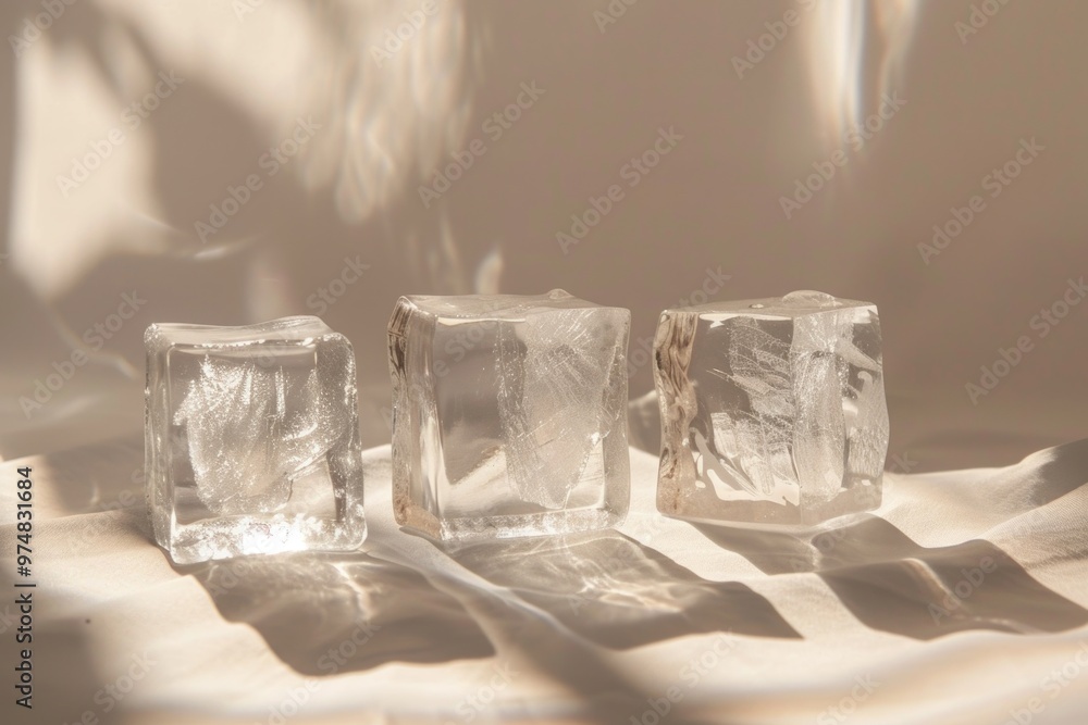 Aufkleber three clear ice cubes sitting on a flat surface, ready for use in various settings