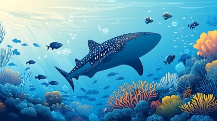 Fototapeta premium A whale shark swims through a vibrant coral reef, surrounded by colorful fish and sunlight shining through the water.