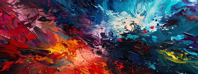 A vibrant abstract painting featuring dynamic swirls of red, blue, and orange, evoking energy and emotion through bold brushstrokes.