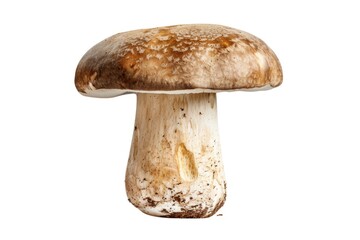 A single mushroom on a plain white surface