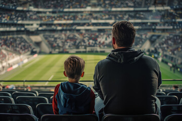 A man and a boy are sitting in the stands of a stadium