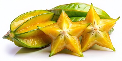 Fototapeta premium A vibrant and colorful starfruit, also known as carambola, lies sliced open on a white background, showcasing its