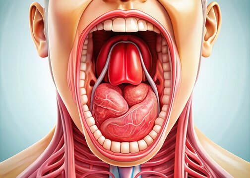 A vibrant, anatomically correct illustration of a healthy human throat, showcasing pinkish-red tonsils, uvula, and
