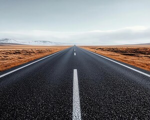 Fototapeta premium A stretch of smooth asphalt road through a flat, open plain, with no cars in sight open road, asphalt, smooth surface