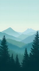 Fototapeta premium Vector illustration of a forest landscape with mountains at sunrise, featuring a flat design with simple shapes and flat colors