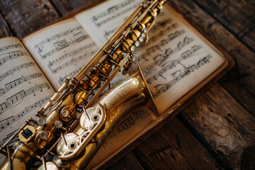 Naklejka premium A saxophone is on top of sheet music