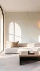 Fototapeta premium Luxurious Mediterranean room interior design with natural lighting, elegant furniture and large windows