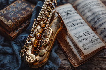 Naklejka premium A saxophone is on top of a book with sheet music