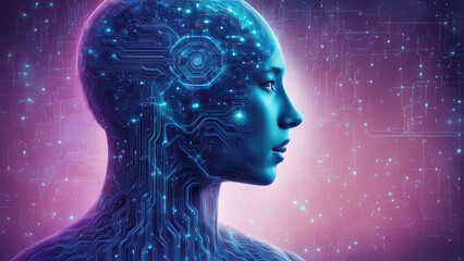Obraz premium A futuristic digital illustration of a human head with glowing blue circuits and neural connections, symbolizing the fusion of human intelligence and artificial technology in a sci-fi setting.