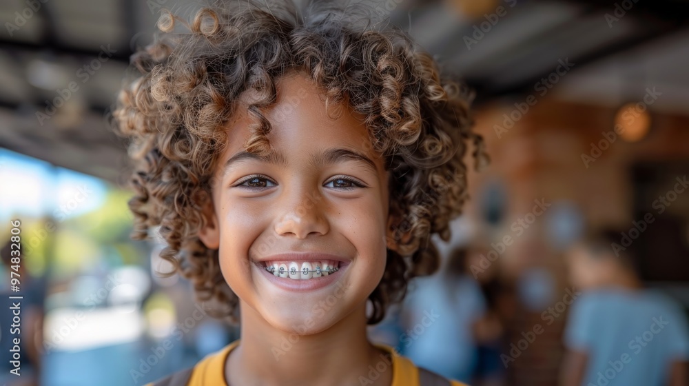 Poster a young boy with curly hair is smiling and wearing braces