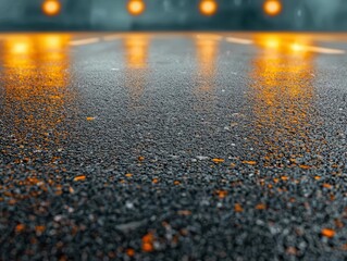 A smooth freeway in the rain, with reflections of headlights and taillights on the wet asphalt freeway, asphalt, smooth surface rain