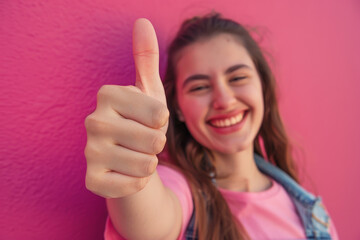 A girl is smiling and giving a thumbs up