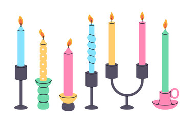 Colorful candles in candlestick. Wax scented candle, cute taper burning candles flat vector illustration set. Aroma multicolored candles on white