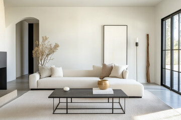 Luxurious Mediterranean room interior design with natural lighting, elegant furniture and large windows