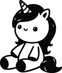 Cute Stuffed Plush Unicorn Black and White Illustration