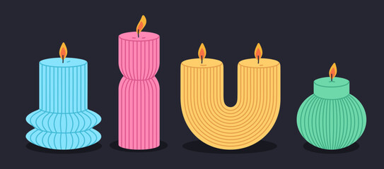 Colorful candles. Burning aromatic candles, wax decorative candles, home interior decor and aromatherapy flat vector illustration set. Cute aroma candles collection