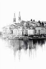 Fototapeta premium Rijeka, Croatia, black and white pen pencil hand-drawn effect portrait drawing illustration for travel poster, card, wallpaper, backdrop or banner. Modern, clear, artistic and simple