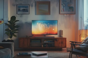 Flat-screen TV mounted on a stand in a cozy living room setting