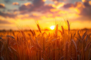 Naklejka premium A field of golden wheat with the sun setting in the background