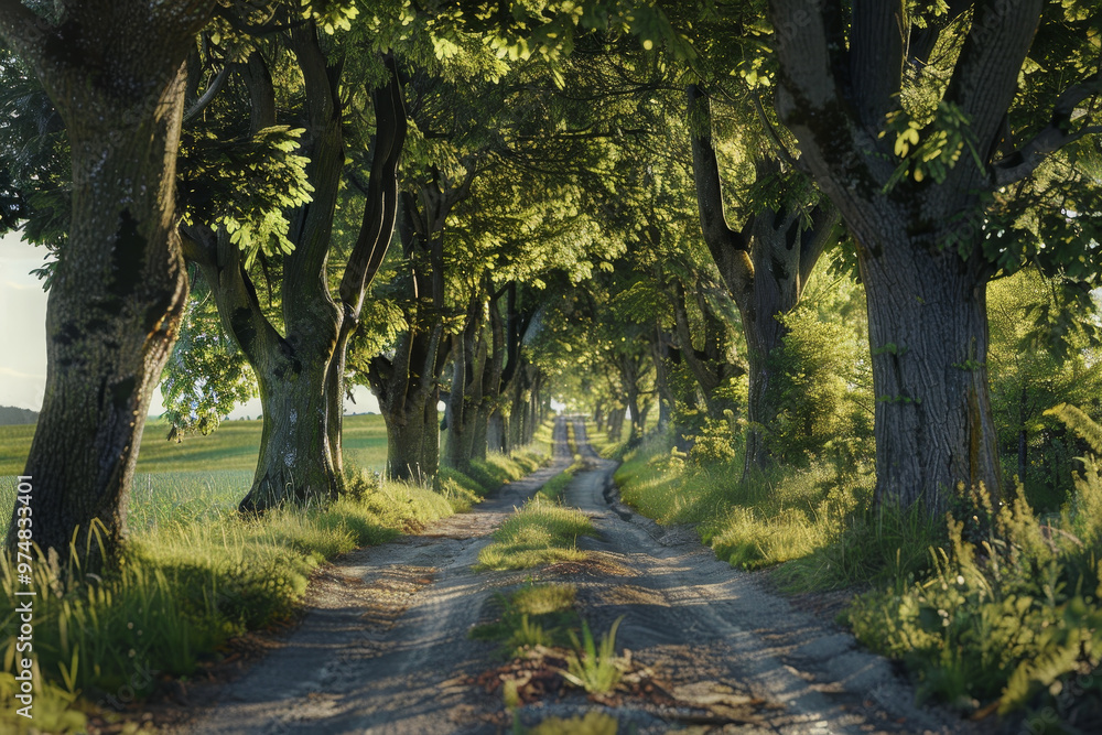 Poster A road with trees on either side