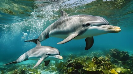 Dolphin Swimming with Her Calf in Crystal Clear Water with Air Bubbles, Photo Realistic, Pattern Background, Wallpaper, Cover and Screen for Smartphone, PC, Laptop, 9:16 and 16:9 Format