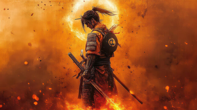 samurai warrior in traditional armor standing against a fiery backdrop with what appears to be an eclipse occurring in the sky behind them.