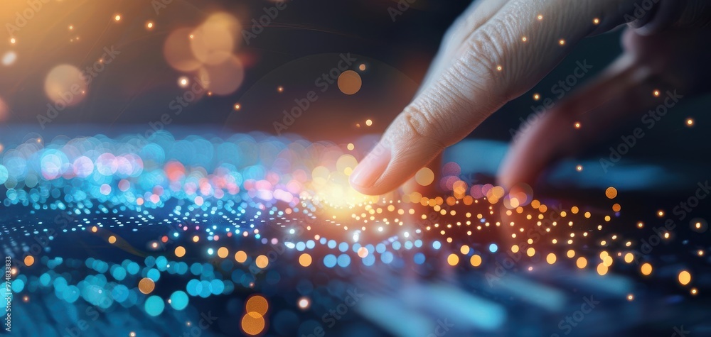 Aufkleber a hand touching a glowing digital interface with colorful lights, symbolizing technology, innovation
