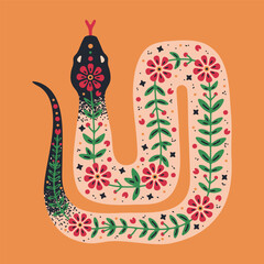 Hand drawn snake. Colorful Chinese New Year snake zodiac sign, poisonous ornamental snake flat vector illustration. Snake with flower pattern