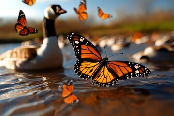 Obraz premium Canadian Autumn Wildlife Migration represented in a geographic infographic, focusing on the migration of birds like geese and monarch butterflies