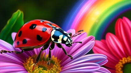 lifelike ladybug on a flower with a stunning rainbow behind