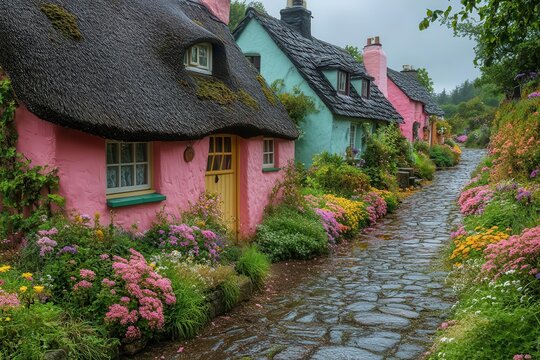 whimsical fairytale village with rainbowhued cottages winding cobblestone streets blooming flower arches charming irish seaside setting