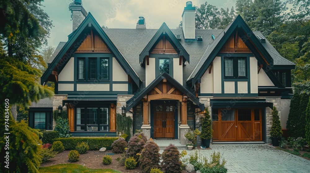 Poster a large house with numerous windows and an unclear background
