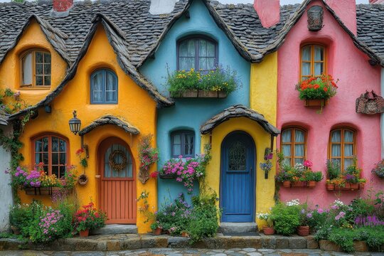 whimsical fairytale village with rainbowhued cottages winding cobblestone streets blooming flower arches charming irish seaside setting