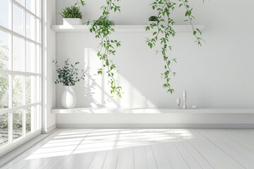Fototapeta premium A minimalist interior space with a single plant suspended from the ceiling