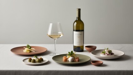Elegant White Wine Tasting Setup with Gourmet Appetizers on Sophisticated Table Setting with Modern Tableware