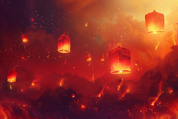 A painting of a sky filled with red and orange lights