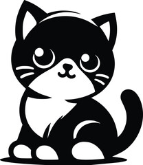 Cute Cuddly Kitten Black and White Illustration