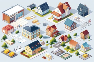 A collection of different types of homes including modern apartments, traditional cottages, and industrial structures