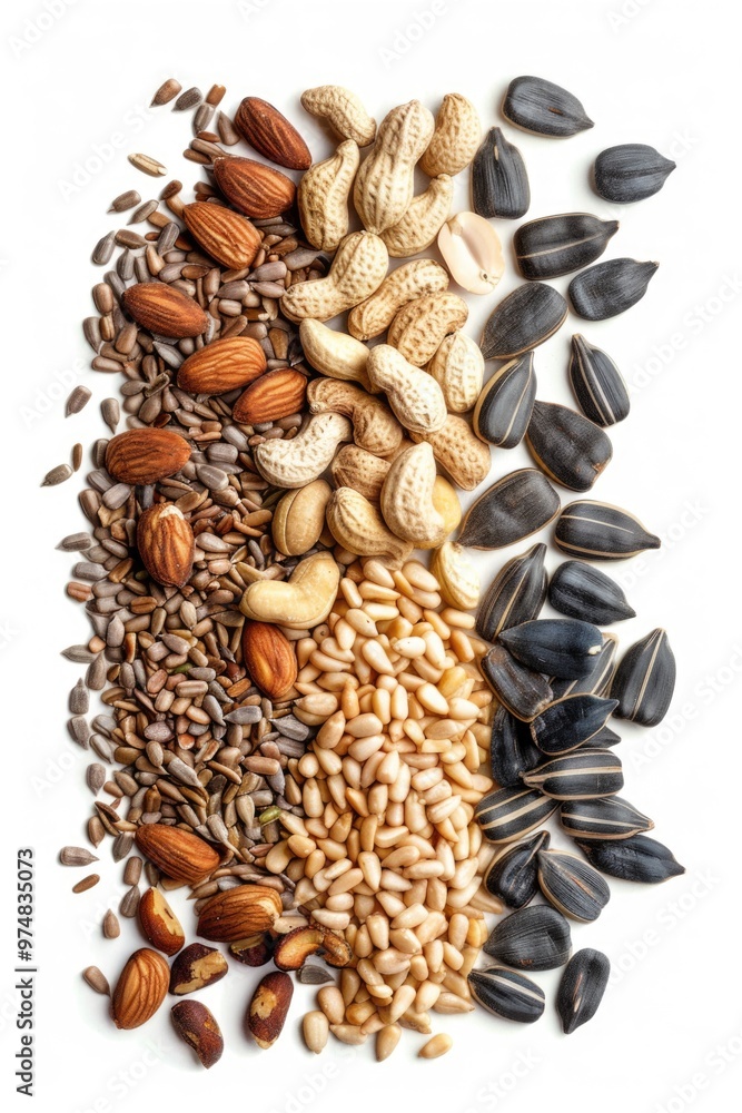 Poster A selection of various nuts and seeds arranged on a white surface for easy identification