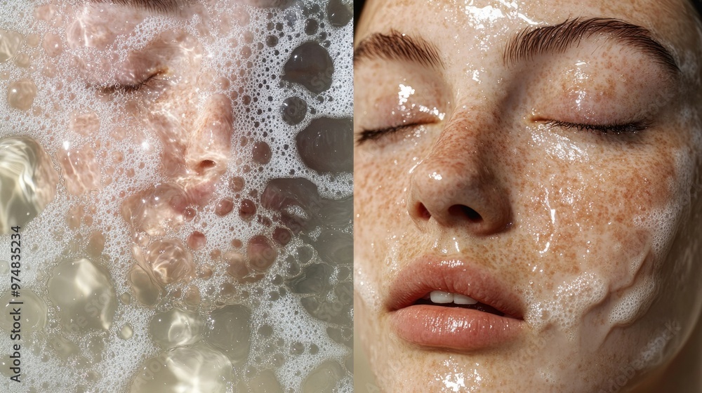 Sticker Close-up of a Woman's Face Covered in Water and Bubbles