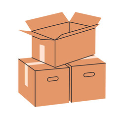 Stacked cardboard boxes. Hand drawn cargo boxes, packages pile, warehouse box stack flat vector illustration. Moving or delivery concept