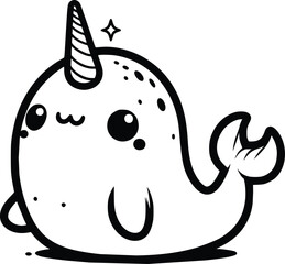 Cute Black and White Illustration of a Plush Narwhal © dinil