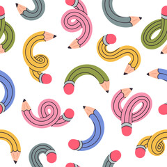 Twisted pencils seamless pattern. Curved funny intertwined simple pencils endless design, school supplies flat vector background illustration. Funky twisted pencils pattern
