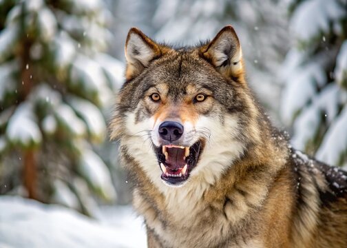 A wild gray wolf's snout is thrust forward, jaws agape, revealing sharp teeth, as if let out a