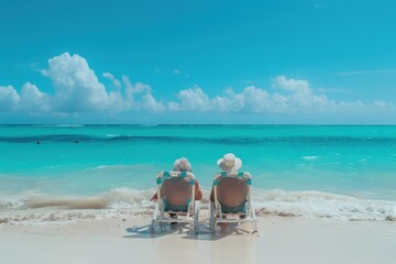 Two people are sitting on chairs on a beach, enjoying the view of the ocean, generative ai image