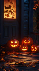 Obraz premium Jack-o'-lanterns glowing on a haunted porch at night.