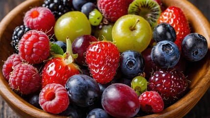 Fototapeta premium Vibrant Wooden Bowl of Fresh Berries and Fruits With Strawberries, Blueberries, and Grapes